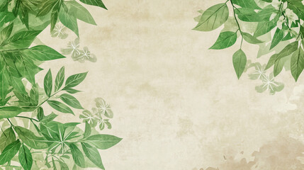 A serene background featuring fresh green leaves and intricate traditional Japanese washi paper patterns