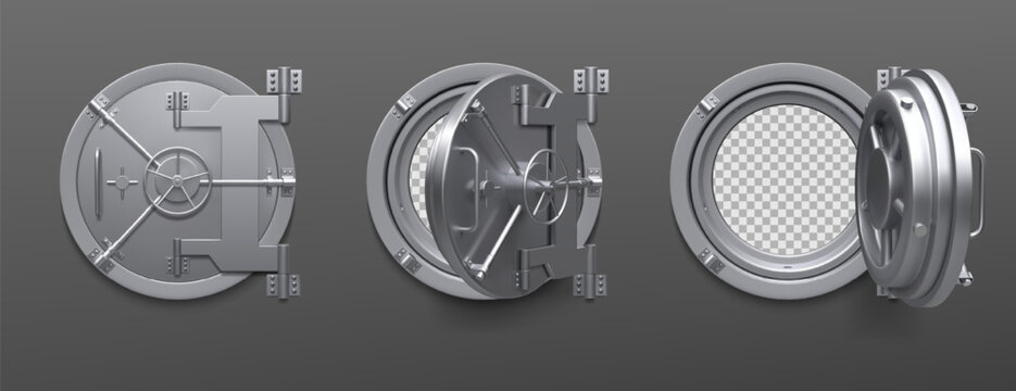 Bank vault. Safe door. Open round money bunker locker. Circle doorway. 3D metal room lock. Banking mechanism for gold safety. Stainless steel wheel. Vector realistic depositories set