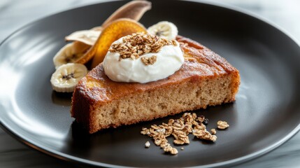 Delicious Slice of Cake Garnished with Banana and Whipped Cream Delight