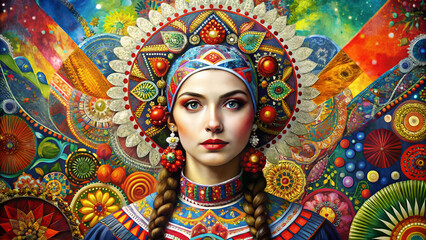 Bold and contemporary mixed media collage of a woman in a traditional Russian sarafan, combining abstract geometric shapes, fluid organic forms, and vibrant color contrasts with a futuristic and avant