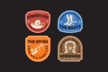 cowboy hat, sheriff boot, horse riding spur, horseshoe retro badge logo vector design collection set for western, howdy, wild west, rodeo, adventure