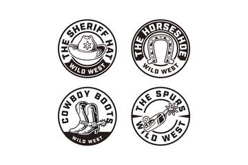 Obraz premium western cowboy hat, sheriff boot, horse riding spurs, horseshoe outline modern illustration circle badge logo design set for western, howdy, wild west, rodeo, adventure