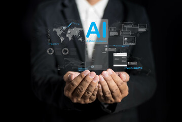 Artificial intelligence technology concept . A man engages with AI-powered device generative...