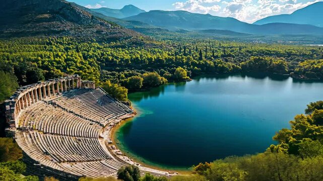Stunning aerial view of Kinortio Oros Epidavros landscape showcases ancient theater and serene natural scenery, Aerial view around Kinortio Oros, Epidavros in Greece on a sunny day