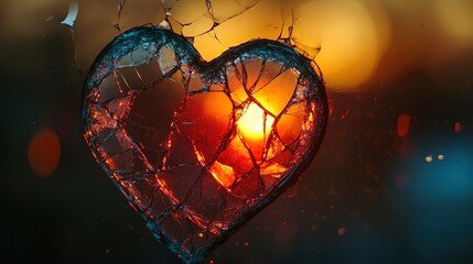 A broken heart visualized as a shattered glass window glowing softly in twilight 