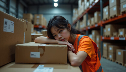 Female warehouse worker looking thoughtful among stacked boxes