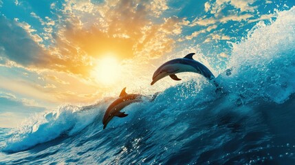 Dolphins Jumping Through Waves Under Golden Sunset Sky