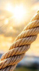 close up of thick rope with golden sunset in background, creating warm and serene atmosphere.