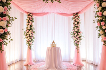 pink and purple wedding backdrop with flowers and candles