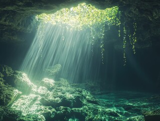 Obraz premium Sunbeams Illuminate Cenote Cave.