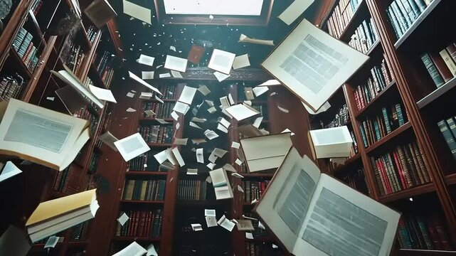Books flying through the air in a grand library, creating a magical and chaotic scene