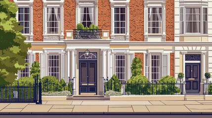 Fototapeta premium Detailed vector illustration of an elegant English townhouse, showcasing classic architectural features and intricate design elements