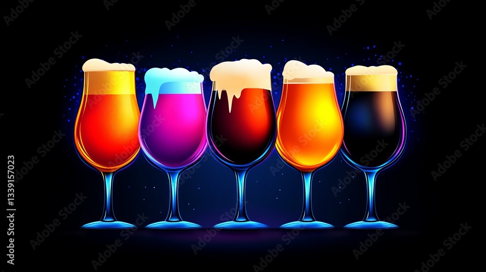 Poster five stylized beer glasses are arranged in a row, each filled with different colorful beers and topp
