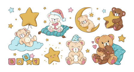 Cute bear. Baby shower for girl. Moon dream. Animals sweet sleep. Happy pink characters with nightcaps. Birthday star balloon. Plush toy on soft pillow or sky cloud. Vector cartoon set