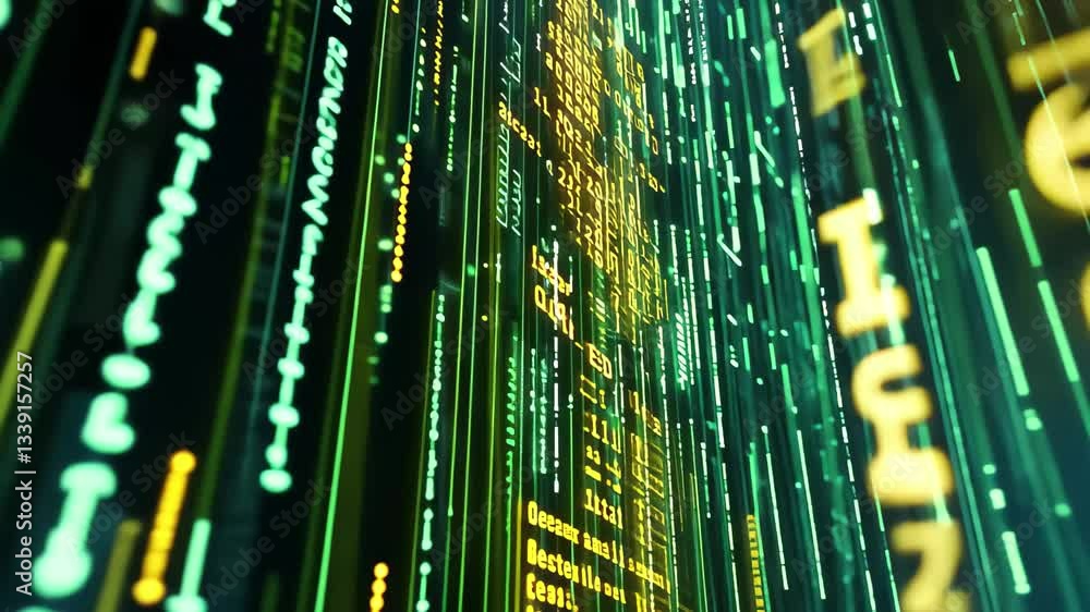 Poster digital data processing with bitcoin signs illuminating a futuristic environment, bitcoin signs, dig