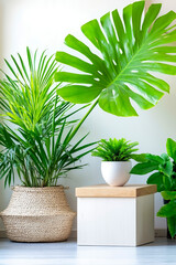 Fototapeta premium A potted plant sitting on top of a wooden table next to a basket of plants