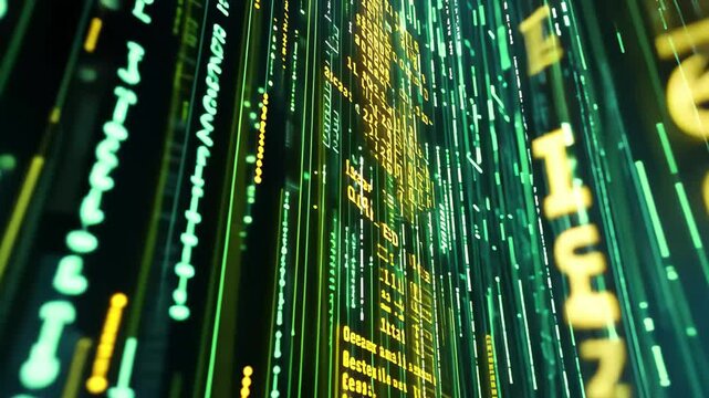 Digital data processing with bitcoin signs illuminating a futuristic environment, bitcoin signs, digital data processing over screen