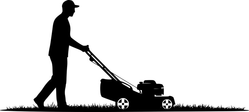 Man pushing an old green lawn mower silhouette. Lawn Mower Silhouette Stock Illustrations. Silhouette Man Pushing Lawn Mower. Black silhouette of a lawn mower on a white background. 