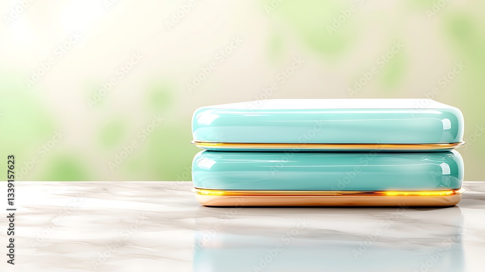 Aufkleber elegant minimalist design of stackable light blue boxes on a marble surface with soft background
