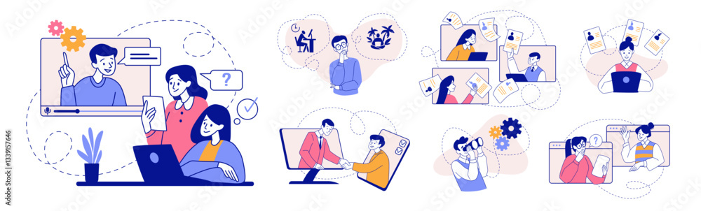 Poster online job interview. work communication. hr recruitment. resume at vacancy. questions and answers f