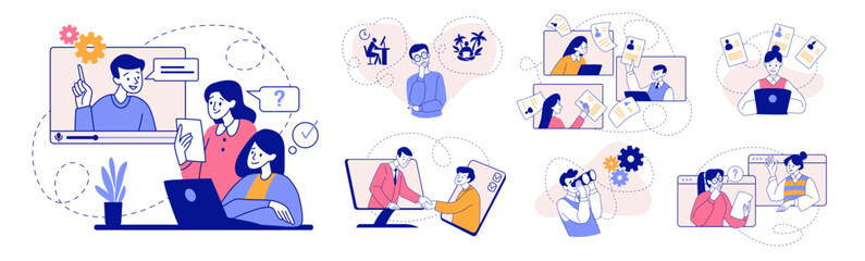 Online job interview. Work communication. HR recruitment. Resume at vacancy. Questions and answers for employee. Computer video conference. Persons talk at distance. Vector concepts set