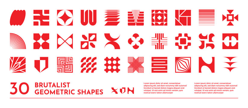 Abstract tech icons. Design logo shapes, modern graphic minimal red form symbol or brutal brand figure. Isolated decorative basic geometry. Simple contemporary silhouettes. Vector elements set