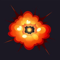 Explosion isolated element. Nuclear bomb detonation, fireball atomic energy. Military weapon attack. Red orange on black background. Destroy flame damage smoke, vector cartoon flat illustration