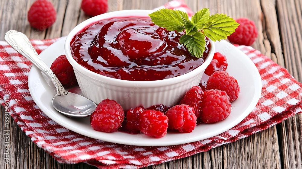 Poster fresh raspberry jam in white bowl with mint leaf on rustic wooden table with red checkered cloth