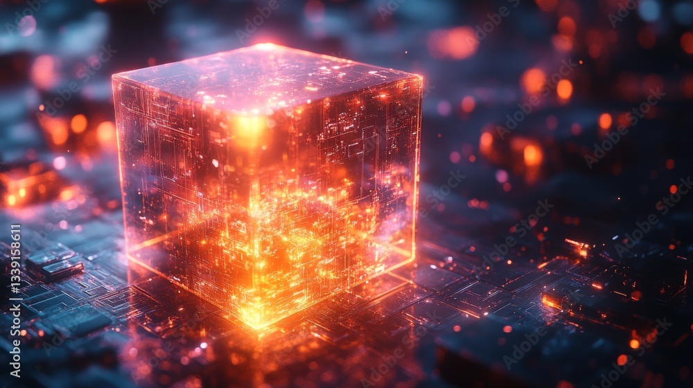 Poster A vibrant qubit is showcased in a complex digital landscape, illustrating key quantum concepts such as superposition and entanglement. The glowing cube represents advanced technology.