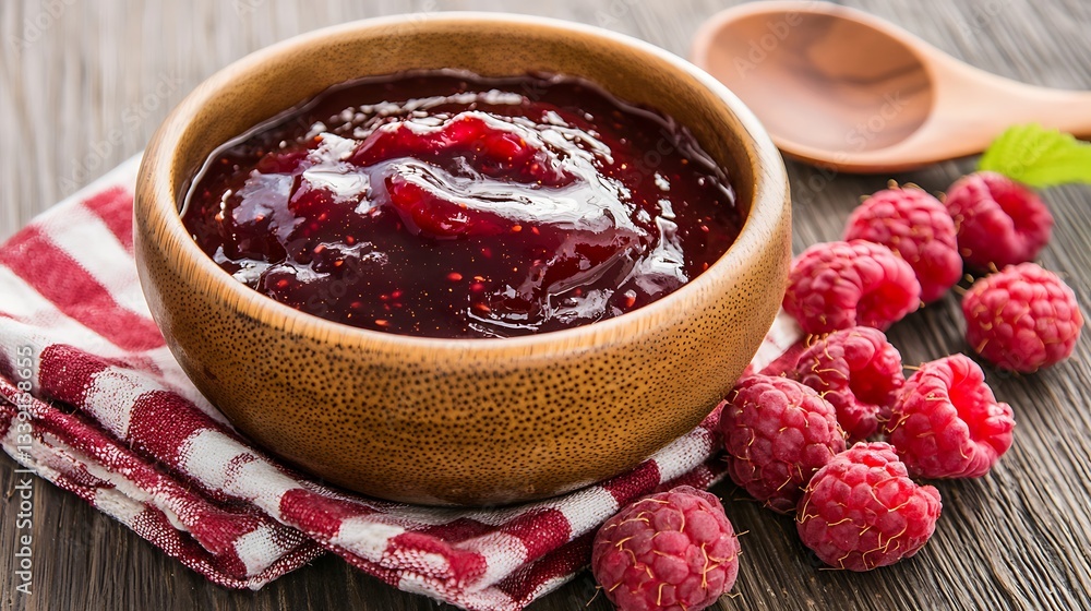 Poster fresh raspberry jam in a wooden bowl with red berries and a spoon on a rustic table setting