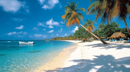 Obraz premium Tranquil Tropical Beach with Clear Water, Palm Trees, and White Sand Under Bright Blue Sky