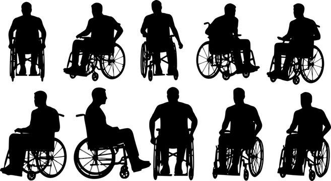 disabled man in wheelchair silhouettes vector. Silhouettes disabled in a wheel chair. Vector drawing rights in a wheelchair. silhouette businessman sitting on wheelchair over white background