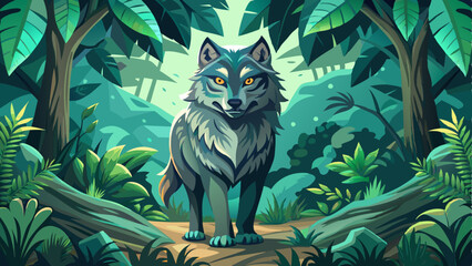 vector of majestic and powerful wolf standing proudly in the heart of a dense jungle © koushkij
