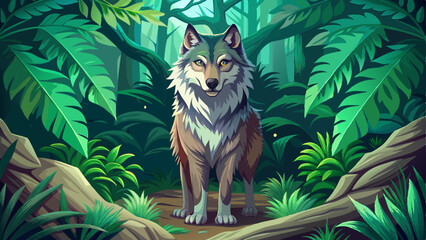 vector of majestic and powerful wolf standing proudly in the heart of a dense jungle © koushkij
