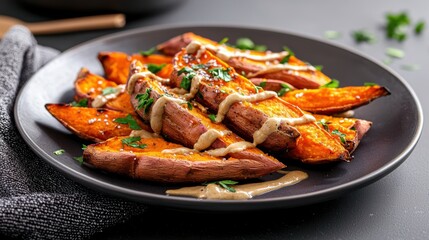 Delicious Plate of Sweet Potatoes Drenched in Rich Savory Sauce Delight