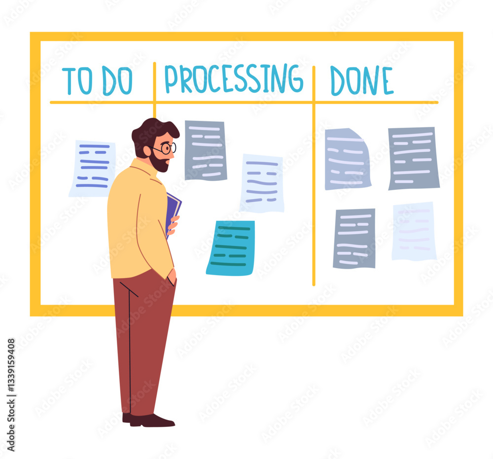 Poster planning schedule. time management. kanban board. man reading book and reminder notes at whiteboard.