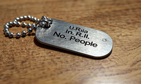 Military Dog Tag With Engraved Text On Wooden Surface. Identification Dog Tag. 