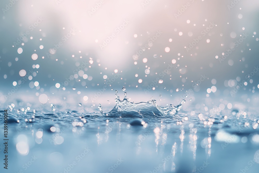 Poster close-up of raindrops splattering on calm surface with bokeh effect