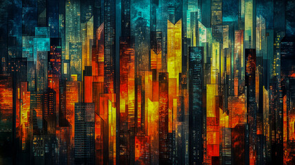 Fototapeta premium Stunning Art Deco city skyline at night, illuminated with vibrant glowing lights