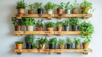 Stylish vertical garden on a clean white background, showcasing recycled wooden pallet shelves