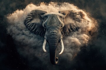 An artistic representation of a magnificent elephant amidst dust clouds