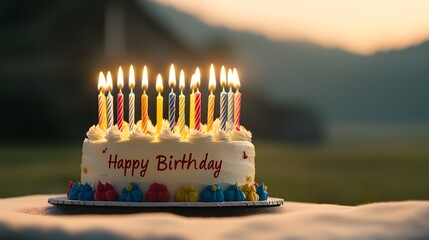 Glowing birthday cake with a simple  Happy Birthday  message written on it surrounded by a ring of flickering candles lighting up the dessert to commemorate a cherished milestone or special event