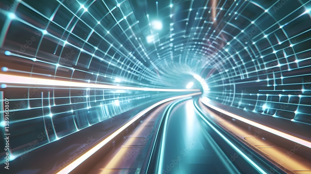 Poster glowing geometric tunnel pattern with luminous neon blue edges forming an endless perspective creati