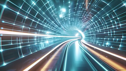 Glowing geometric tunnel pattern with luminous neon blue edges forming an endless perspective creating a aesthetic  The abstract