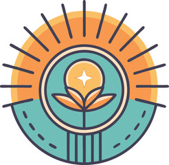 Vector illustration of flower and sun emblem, A vibrant vector illustration of a flower symbol with rays of sunlight in a circular emblem, representing growth and positivity.
