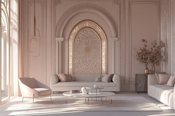 Elegant interior showcasing decorative archway and refined minimalist furniture arrangement