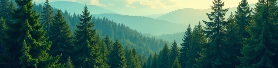 Abstract background of densely packed fir trees in a forest, landscape, pine, plants