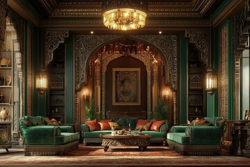 Luxurious interior design with ornate details and emerald velvet furniture