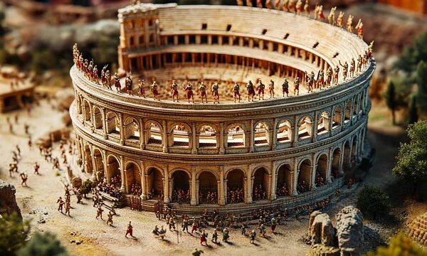 Miniature replica of the Colosseum with figures reenacting a historical event amidst a vibrant setting