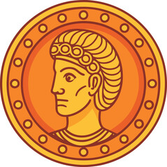 Vector coin with ancient ruler profile design, A vector illustration of an ancient-style coin featuring the profile of a ruler with a detailed crown and classical features.
